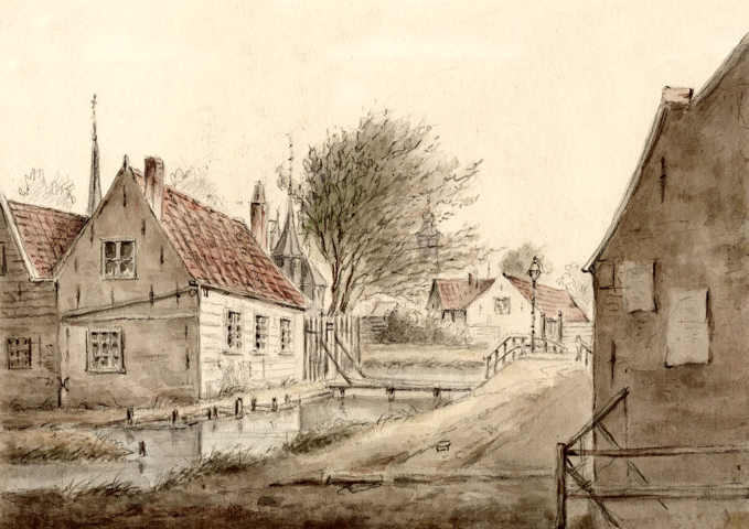 295 Middel Kerkpad, the former varkensgang with the Roman Catholic Church of Saint Barbara on the left behind the houses